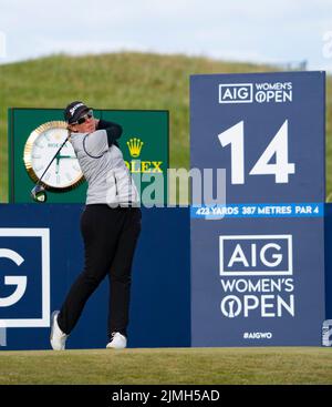 Gullane, Scotland, UK. 6th August 2022. Third round of the AIG Women’s Open golf championship at Muirfield in East Lothian. Pic; Ashleigh Buhai drives on the 14th hole. Iain Masterton/Alamy Live News Stock Photo