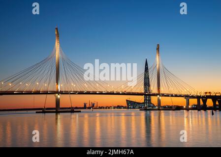 SAINT PETERSBURG, RUSSIA - MAY 29, 2018: Cable-stayed bridge and the Lakhta Center building against the sunset. Saint Petersburg Stock Photo