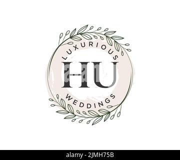 HU Initials letter Wedding monogram logos template, hand drawn modern minimalistic and floral templates for Invitation cards, Save the Date, elegant Stock Vector