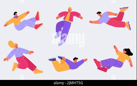 People floating in air, happy free characters flying and jumping in sky. Dream, freedom, development and aspirations concept. Isolated men and women m Stock Vector