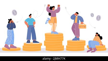 Salary difference concept, people stand on low and high golden coin stacks. Male and female characters of different class and income rate, society hie Stock Vector