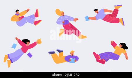 People reading books falling or flying in air. Happy male and female characters dive into fantasy world, relaxed sparetime, students education, read l Stock Vector