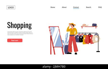 Clothing shop. Woman trying on new clothes in front of mirror. Fashion boutique with jackets and t-shirts on hangers, accessories on shelf landing pag Stock Vector