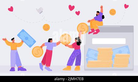 Crowdfunding, donation concept. Tiny people collect coins to huge box. Investor characters collecting money for startup business idea, charity, fundra Stock Vector