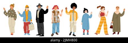 Diverse people waving hand isolated on white background. Multiracial group of characters, african american guy, elder jewish man, asian girl, muslim w Stock Vector