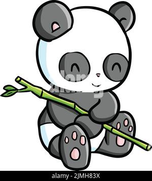 A vector illustration of a cute little cartoon panda holding bamboo on the white background Stock Vector