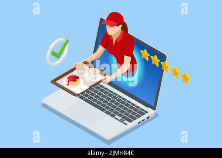 Isometric Online meal ordering. Coffee fast delivery. Delivery guy thru out of cell phone, hold out hand with coffee cups. Address online delivery Stock Vector