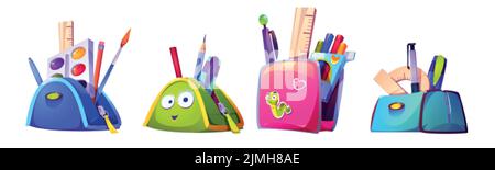 School stationery isolated set. Backpack and pencil case with studying supplies, paints and pen or color pencils, ruler and brush. Back to school conc Stock Vector