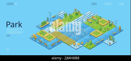 City park, recreational eco area isometric landing page. Urban garden with benches, trees, kids zone with swings, fountains,lanterns, outdoor cafe and Stock Vector