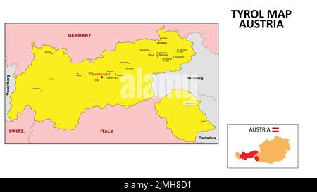 Tyrol Map. State and district map of Tyrol. Political map of Tyrol with the major district Stock Vector