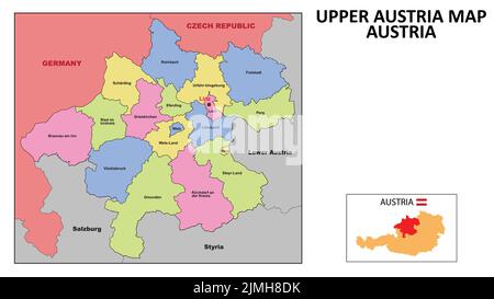Upper Austria Map. State and district map of Upper Austria. Political map of Upper Austria with neighboring countries and borders. Stock Vector