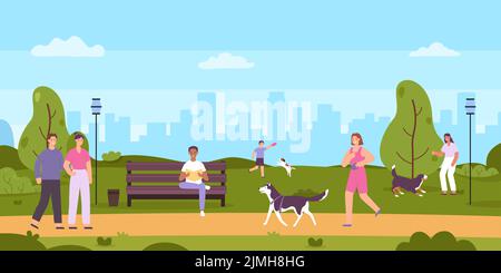People walk in public park. Cartoon woman running with pet, man sitting on bench and reading book. Couple walking together. Female and male characters Stock Vector