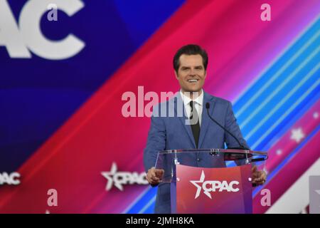 Dallas, TX, USA. 6th Aug, 2022. (NEW) U.S. Congressman Matt Gaetz (R) delivers remarks at the Conservative Political Action Conference 2022 in Dallas, Texas. August 6, 2022, Dallas, TX, USA. U.S. Congressman Matt Gaetz (R) delivers remarks during the Conservative Political Action Conference (CPAC), held in the state of Texas, in United States, on Saturday (6). Matthew Louis Gaetz II is an American lawyer and politician who has served as the U.S. representative for Florida's 1st congressional district since 2017. A Republican, he has been described as an ally of former president Donald Trump a Stock Photo