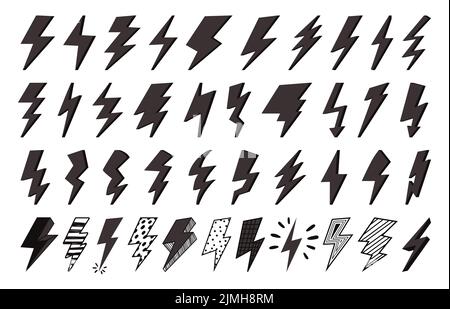 Flash icons. Lightning or thunderbolt storm symbols. Natural or electrical strikes isolated on white. Different elements for charging and battery, war Stock Vector