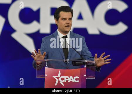 Dallas, TX, USA. 6th Aug, 2022. (NEW) U.S. Congressman Matt Gaetz (R) delivers remarks at the Conservative Political Action Conference 2022 in Dallas, Texas. August 6, 2022, Dallas, TX, USA. U.S. Congressman Matt Gaetz (R) delivers remarks during the Conservative Political Action Conference (CPAC), held in the state of Texas, in United States, on Saturday (6). Matthew Louis Gaetz II is an American lawyer and politician who has served as the U.S. representative for Florida's 1st congressional district since 2017. A Republican, he has been described as an ally of former president Donald Trump a Stock Photo
