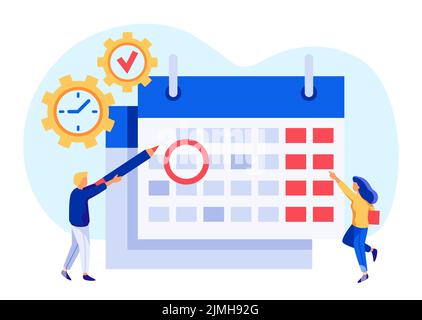 Work time management. Tiny people looking at calendar, checking important date. Man circling event or appointment, employees noting deadline at work. Stock Vector
