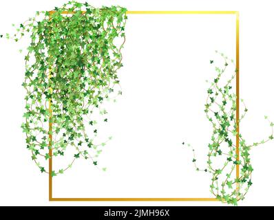 Abstract invitation design with leaves, tvigs and geometric frame.Golden frame with green branch.Herbal minimalistic vector frame.Greenery wedding square invitation. Stock Vector
