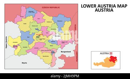 Lower Austria Map. State and district map of Lower Austria. Political map of Lower Austria with neighboring countries and borders. Stock Vector