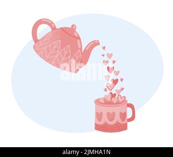 Teapot with hearts. Cute pink kettle pouring drink into cup. Lovely aromatic beverage for romantic greeting card. Celebrating love holiday with romant Stock Vector