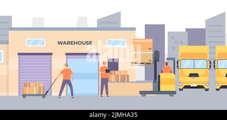 Warehouse workers and equipment. Male characters unloading parcels from pallet. Forklift moving cardboard boxes to storage. Workers moving packages, s Stock Vector