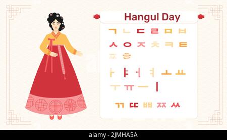Happy Korean alphabet day. Korean traditional holiday Hangul day. The culture of South Korea. Woman in hanbok show alphabet. Stock Vector