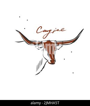 Hand drawn abstract vector graphic clipart illustration boho bull head with horns logo element.Western design concept.Bohemian wild west contemporary Stock Vector