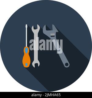 Wrench And Screwdriver Icon. Flat Circle Stencil Design With Long Shadow. Vector Illustration. Stock Vector