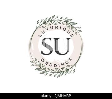 SU Initials letter Wedding monogram logos template, hand drawn modern minimalistic and floral templates for Invitation cards, Save the Date, elegant Stock Vector