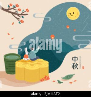 Mid autumn festival illustration. Rabbit and man sitting on a giant moon cake watching full moon landscape through blob cutout window. Translation: mi Stock Vector