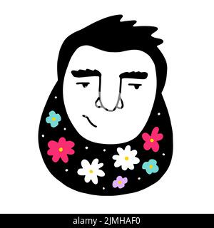 Doodle male face with color flowers, herbs in beard. Hand-drawn sarcastic man on white background. Human Avatar. Fathers day, groom, barbershop sign. Stock Vector