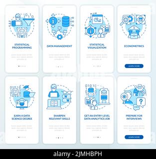 Data management expert blue onboarding mobile app screen set Stock Vector