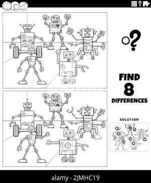 Differences educational task with robots coloring book page Stock Photo