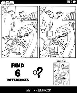 Differences task with girl and mess in her room coloring book page Stock Photo