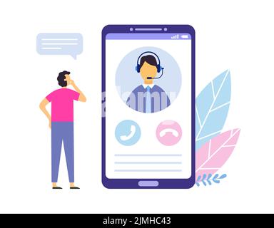 Technical support. Man contacting customer service. Assistant providing help to client online. Smartphone screen with worker in headset communicating Stock Vector