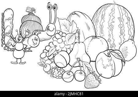 Cartoon insects and snail with fresh fruit coloring book page Stock Photo
