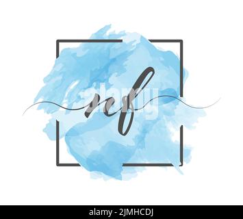 Calligraphic lowercase letters N and F are written in a solid line on a colored background in a frame Stock Vector