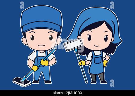 A cute Chibi Kawaii janitor boy and girl ,with mop cleaning service wearing blue uniform. vector Stock Vector