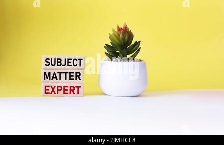 Subject matter expert, text written on wooden blocks and yellow and white background. Business, SME, subject expert concept. Copy space. Stock Photo