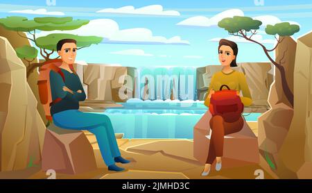 Tourists with backpacks and suitcases. Sits on luggage and waits. Near beautiful water reservoir among stones and rocks. Boy and girl or husband and Stock Vector