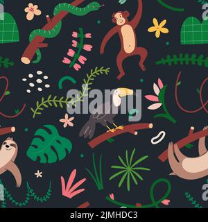Jungle animals pattern, seamless ornament with cute leopard, sleeping wild jaguar, flying macaw parrot and crocodile Stock Vector