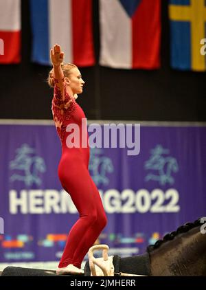 Herning, Denmark. 06th Aug, 2022. World Equestrian Games. Jyske Bank Boxen Stadium. Rebecca Friesser (AUT) during the FEI world squad vaulting championship. Credit: Sport In Pictures/Alamy Live News Stock Photo