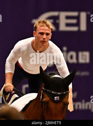 Herning, Denmark. 06th Aug, 2022. World Equestrian Games. Jyske Bank Boxen Stadium. Felix Morton (GBR) during the FEI world squad vaulting championship. Credit: Sport In Pictures/Alamy Live News Stock Photo