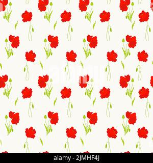 Floral seamless pattern. Red poppies with buds and leaves on white background. Vector illustration. Botanical pattern with poppy flowers for decor, de Stock Vector