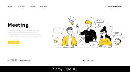 Business event landing page doodle design template. Vector illustration of young team brainstorm meeting. Colleagues sharing creative ideas, working t Stock Vector