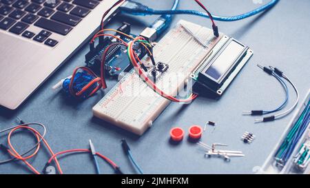 engineer workplace disassembled microcontroller Stock Photo