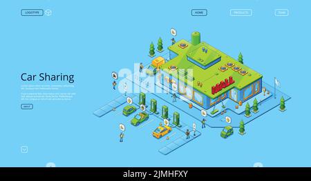 Car sharing isometric landing page with electric automobiles charging on parking near mall building with vehicles and people around. service for rent Stock Vector