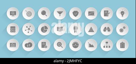 data analytics vector icons on round puffy paper circles with transparent shadows on blue background. Stock vector icons for web, mobile and user inte Stock Vector