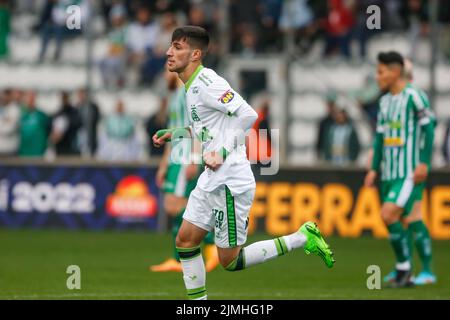 Caxias Do Sul, Brazil. 06th Aug, 2022. RS - Caxias do Sul - 08/06/2022 - BRAZILIAN TO 2022, YOUTH X AMERICA-MG. Pedrinho, America-MG player, celebrates a goal in the match against Juventude, at Alfredo Jaconi Stadium, for the 2022 Brazilian Championship. Photo: Luiz Erbes/AGIF/Sipa USA Credit: Sipa USA/Alamy Live News Stock Photo