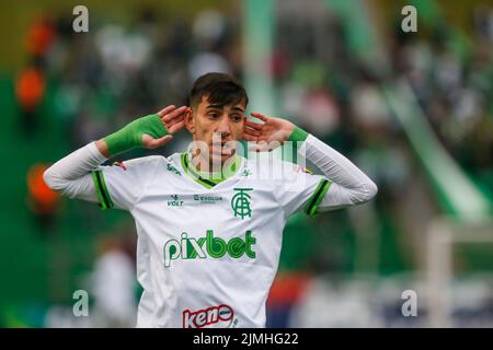 Caxias Do Sul, Brazil. 06th Aug, 2022. RS - Caxias do Sul - 08/06/2022 - BRAZILIAN TO 2022, YOUTH X AMERICA-MG. Pedrinho, America-MG player, celebrates a goal in the match against Juventude, at Alfredo Jaconi Stadium, for the 2022 Brazilian Championship. Photo: Luiz Erbes/AGIF/Sipa USA Credit: Sipa USA/Alamy Live News Stock Photo