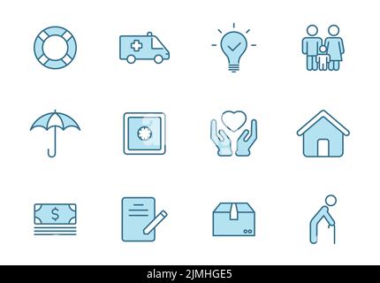 Insurance flat vector icons in two colors isolated on white background. Insurance blue icon set for web design, ui, mobile apps and print Stock Vector